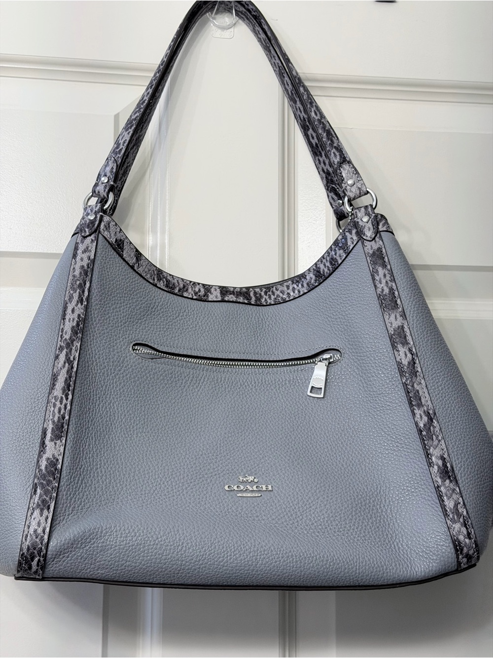 Coach Light Gray Pebbled Leather Shoulder Bag with Snake-Print Trim